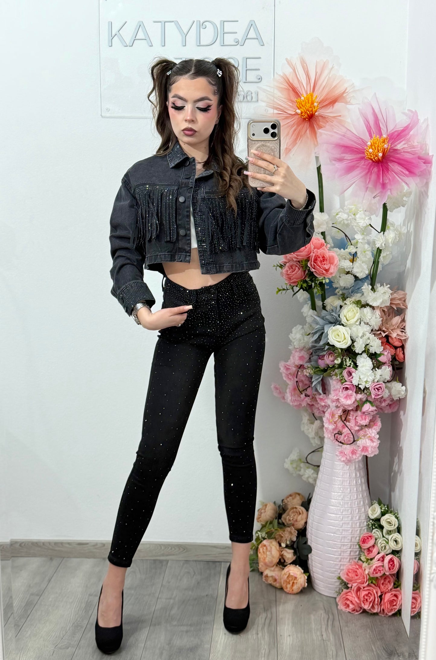 Jeans skinny negri cu cristale ROXANA