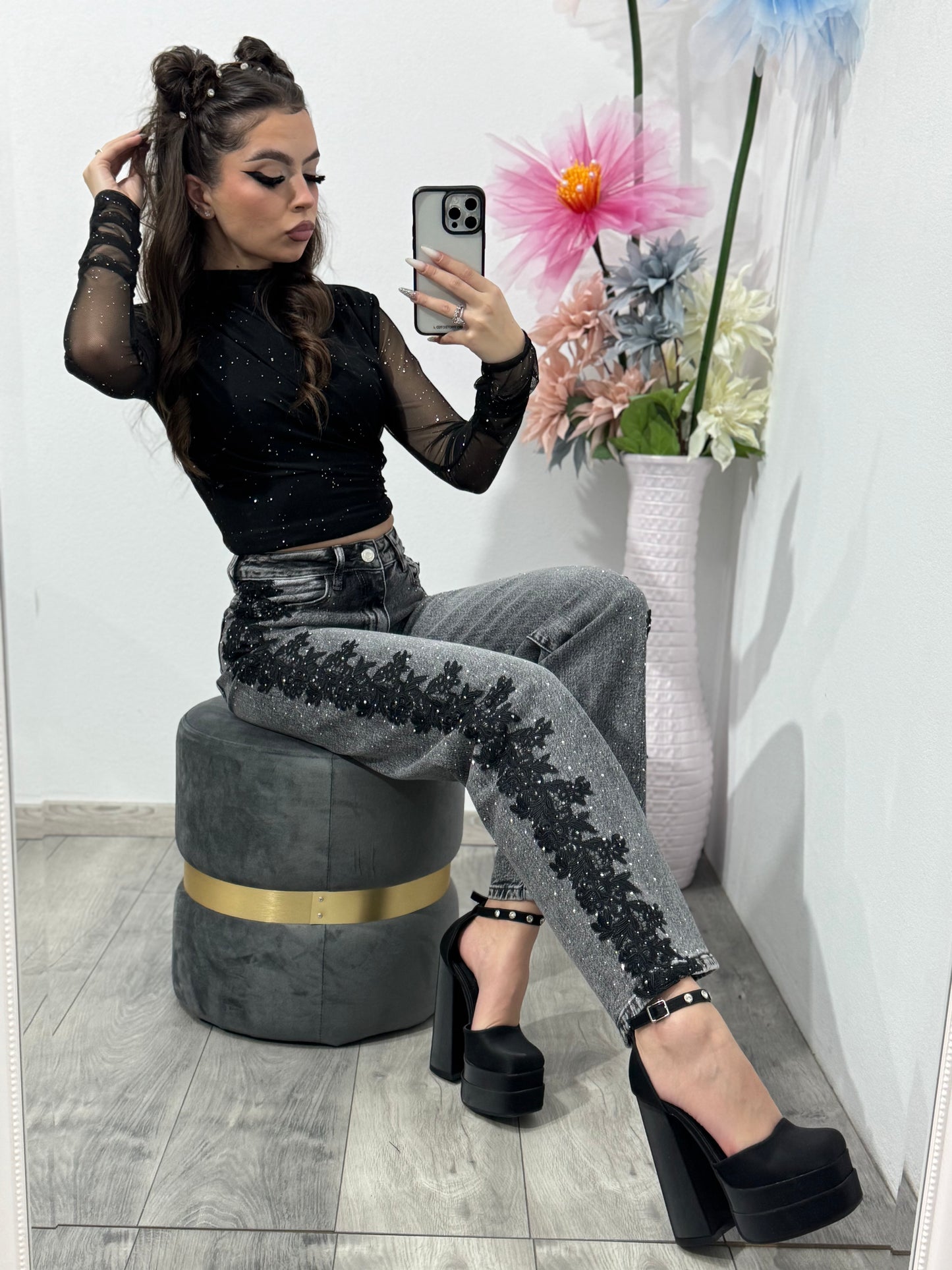 Jeans WideLeg cu dantelă și cristale LUXE
