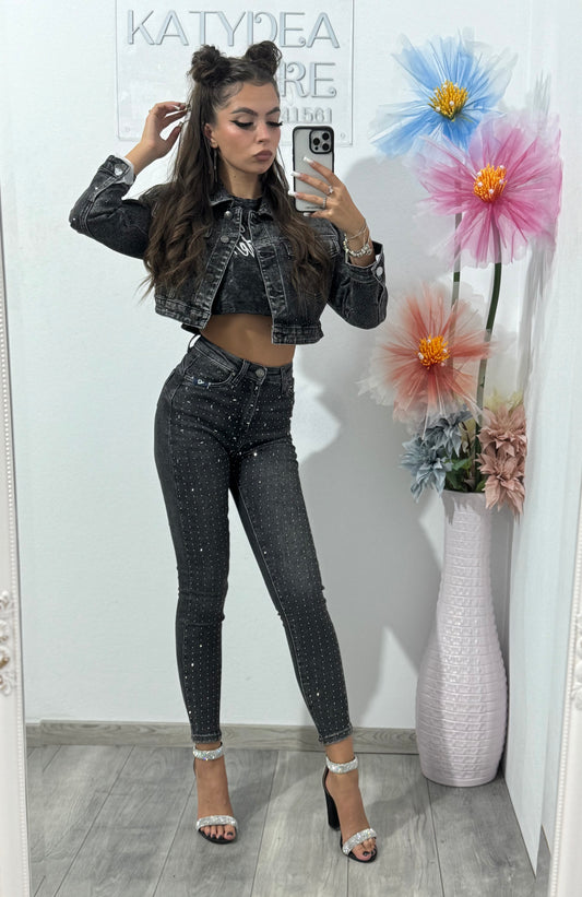 Jeans skinny cu cristale ștanțate gri Corina