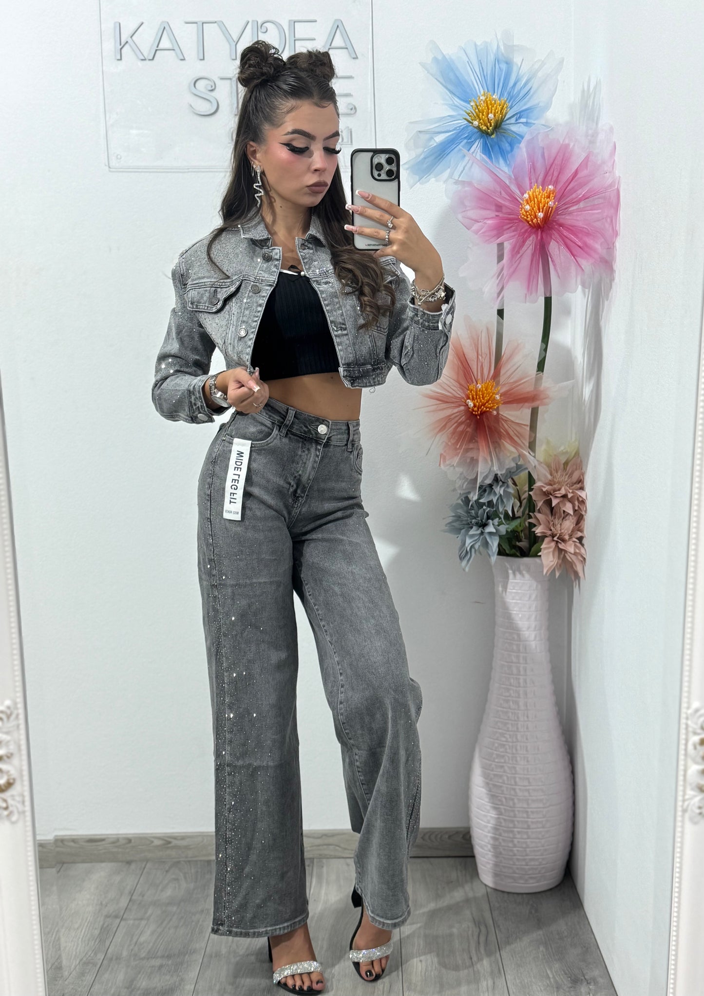 Jeans WideLeg gri cu cristale Olivia