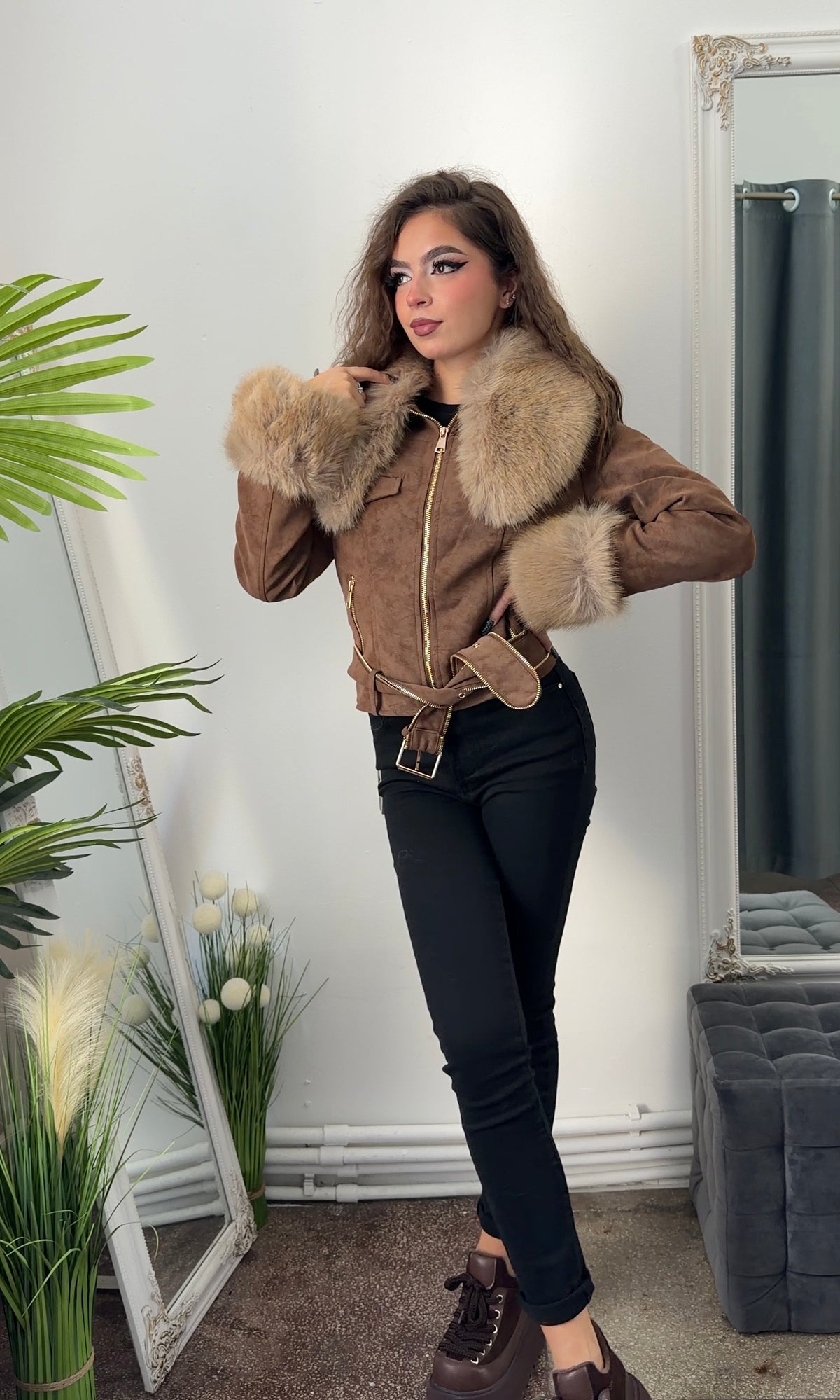Geacă din imitație de piele și blană CAMEL