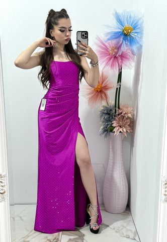 Rochie lungă cu corset pe spate fucsia Caroline