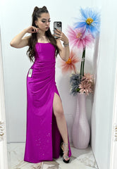 Rochie lungă cu corset pe spate fucsia Caroline