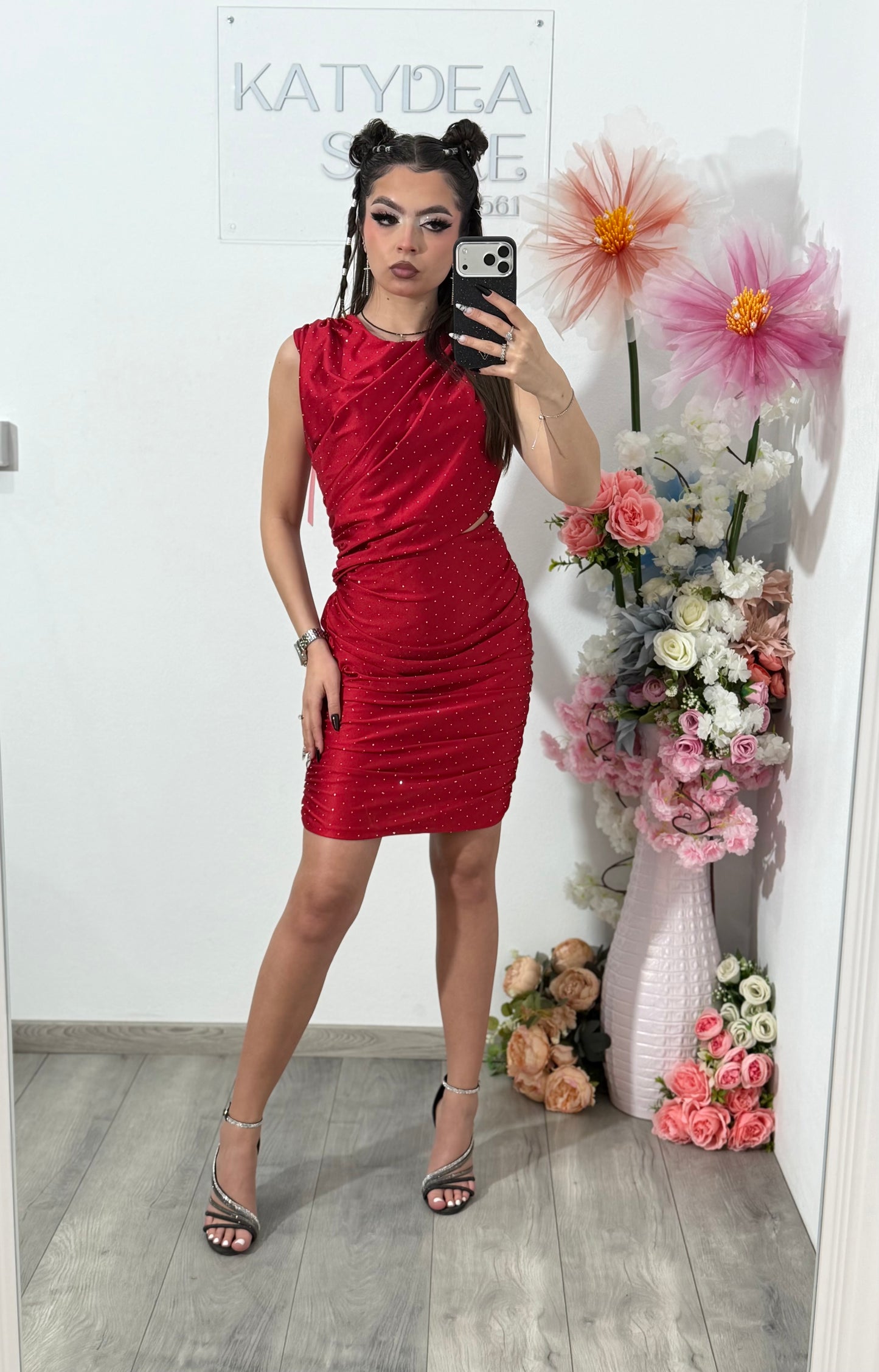 Rochie elegantă cu cristale ștanțate rosie SELENA