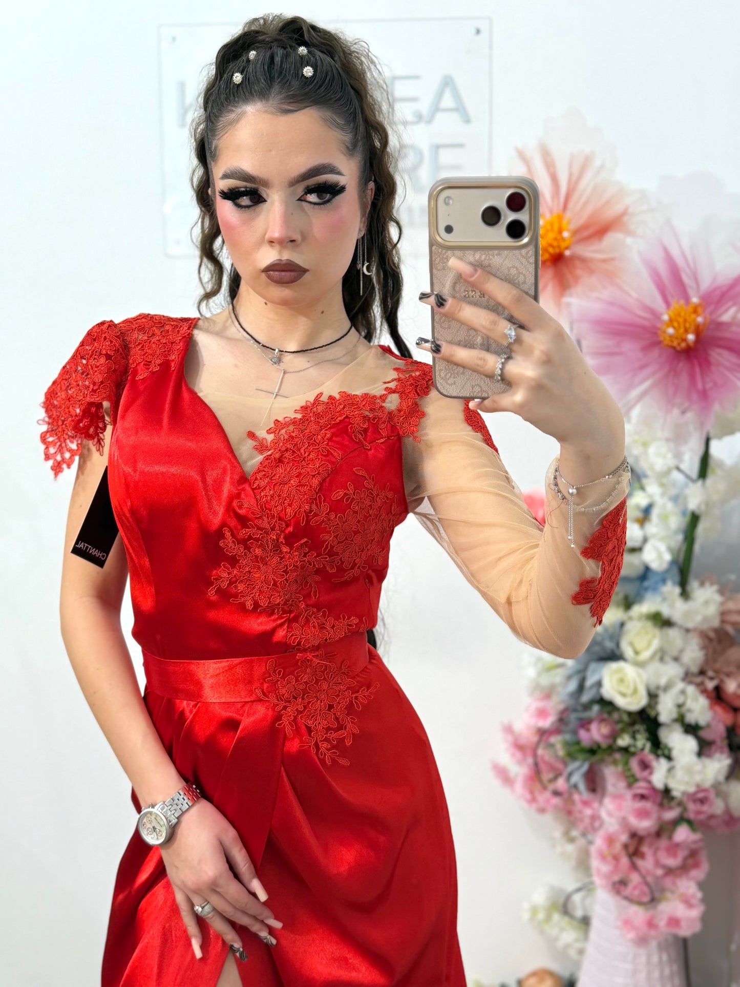 Rochie lunga din tafta rosu intens Anasofia
