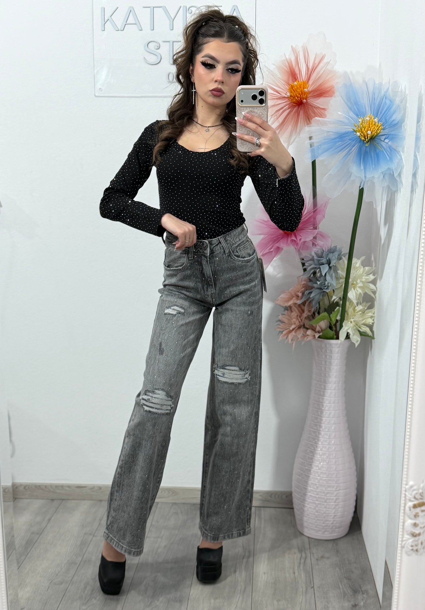 Jeans WideLeg cu cristale ștanțate  gri ROSE