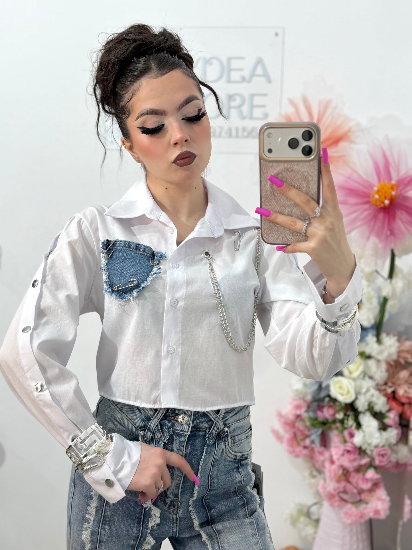 Cămașă crop cu denim și accesorii LORENA