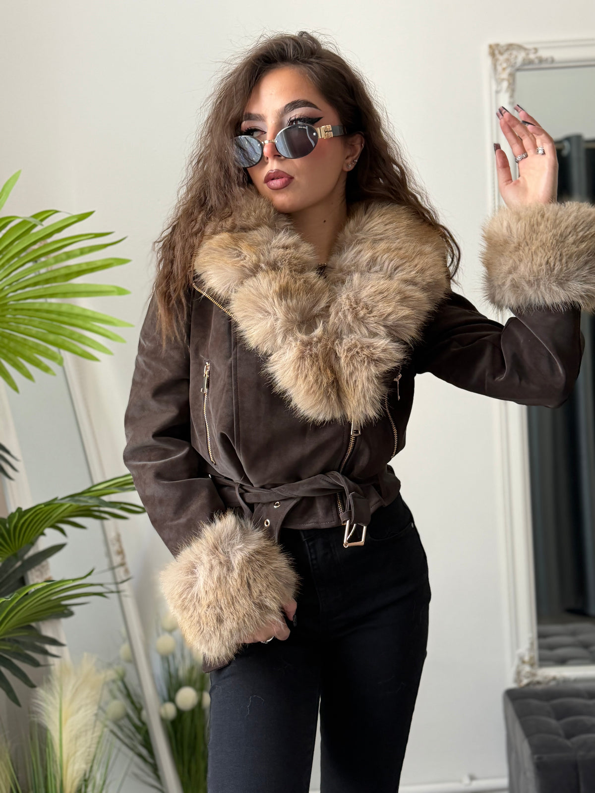 Geacă din imitație de piele și blană BROWN