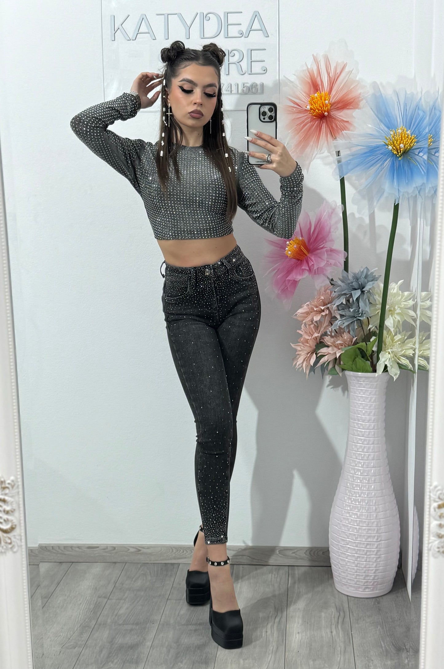 Jeans skinny gri cu cristale ALINA