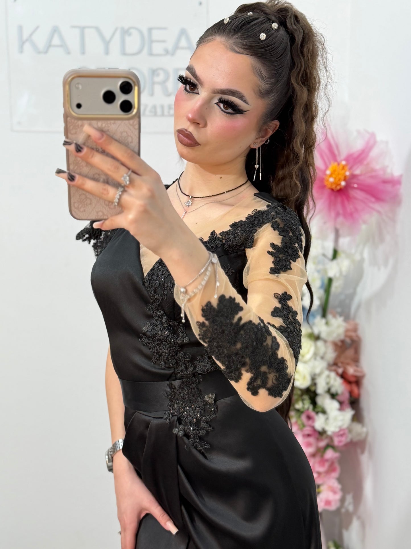 Rochie lunga din tafta negru intens Anasofia