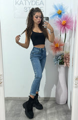 Jeans mom fit cu cristale ștanțate Yanna