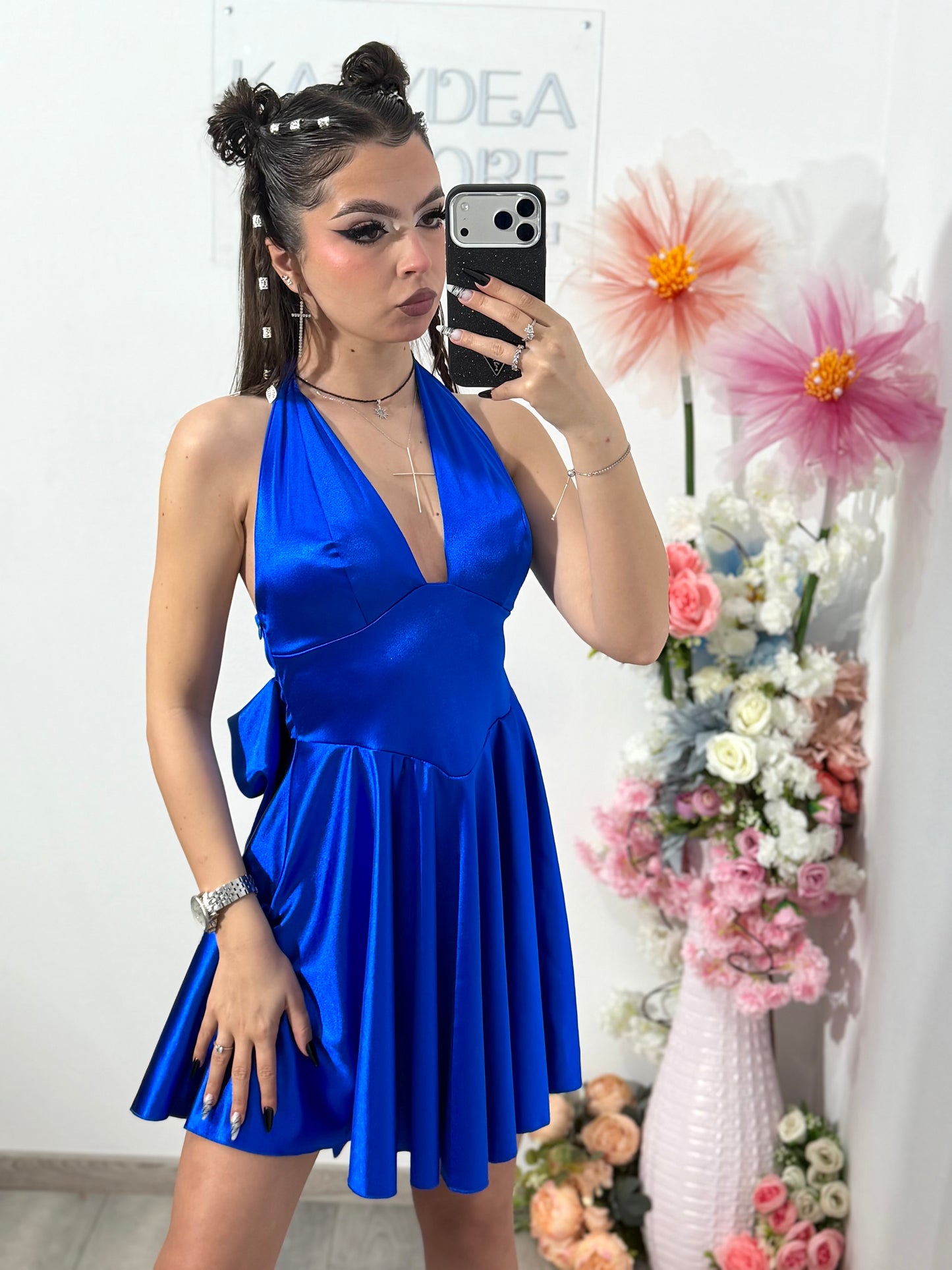 Rochie satinata cu funda BELLE albastru electric
