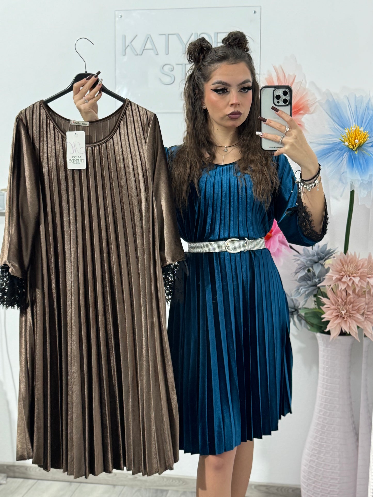 Rochie din catifea și dantelă plisată MARA