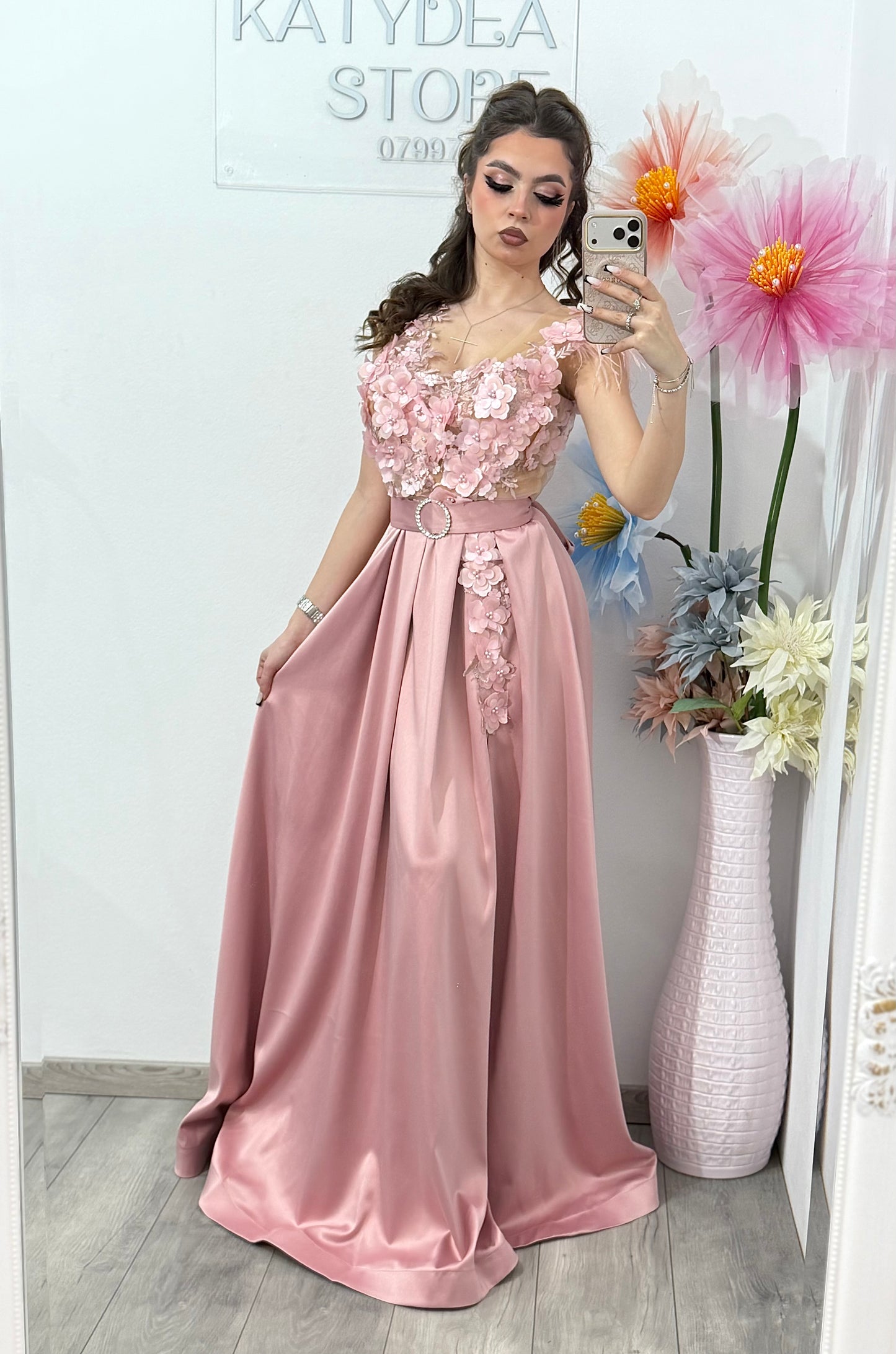 Rochie lunga din tafta roz Gabrielle
