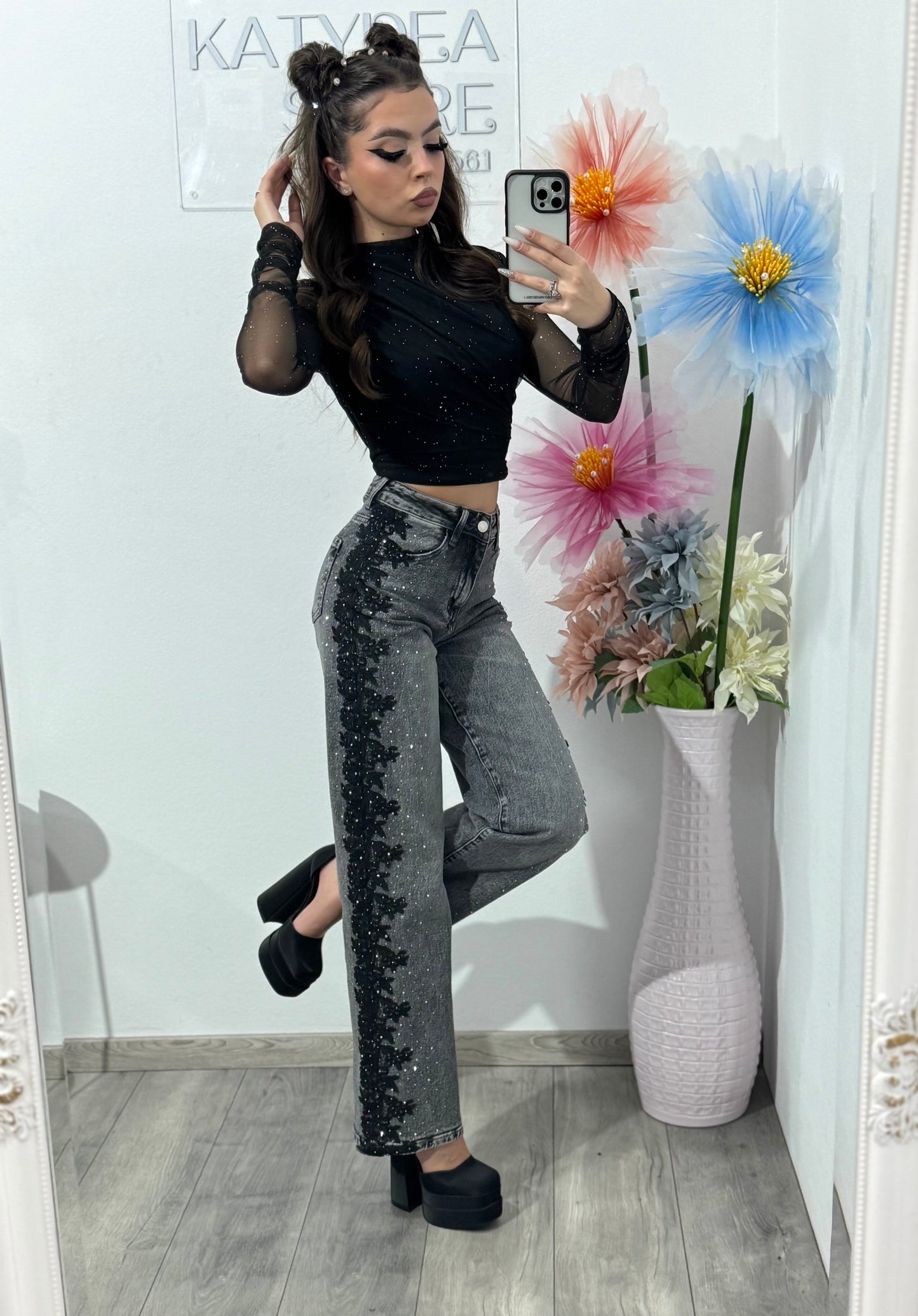 Jeans WideLeg cu dantelă și cristale LUXE