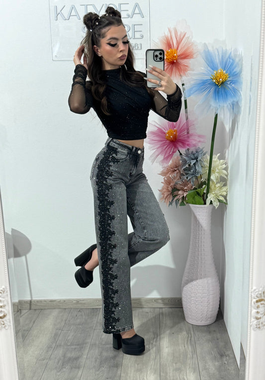 Jeans WideLeg cu dantelă și cristale LUXE