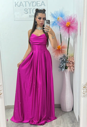 Rochie cu cristale ștanțate și corset Monica fucsia