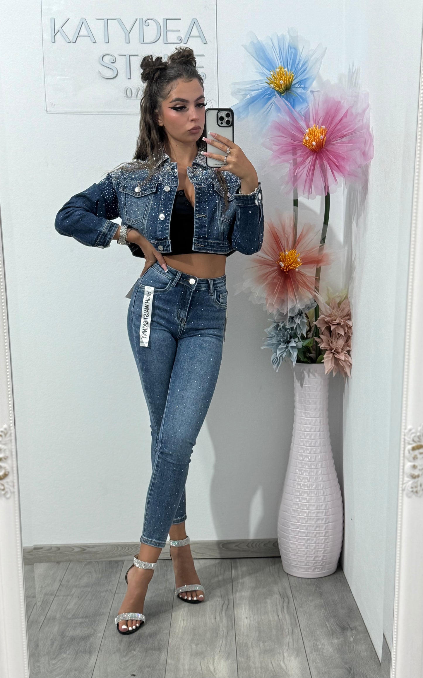 Jeans skinny albaștri cu cristale Clara