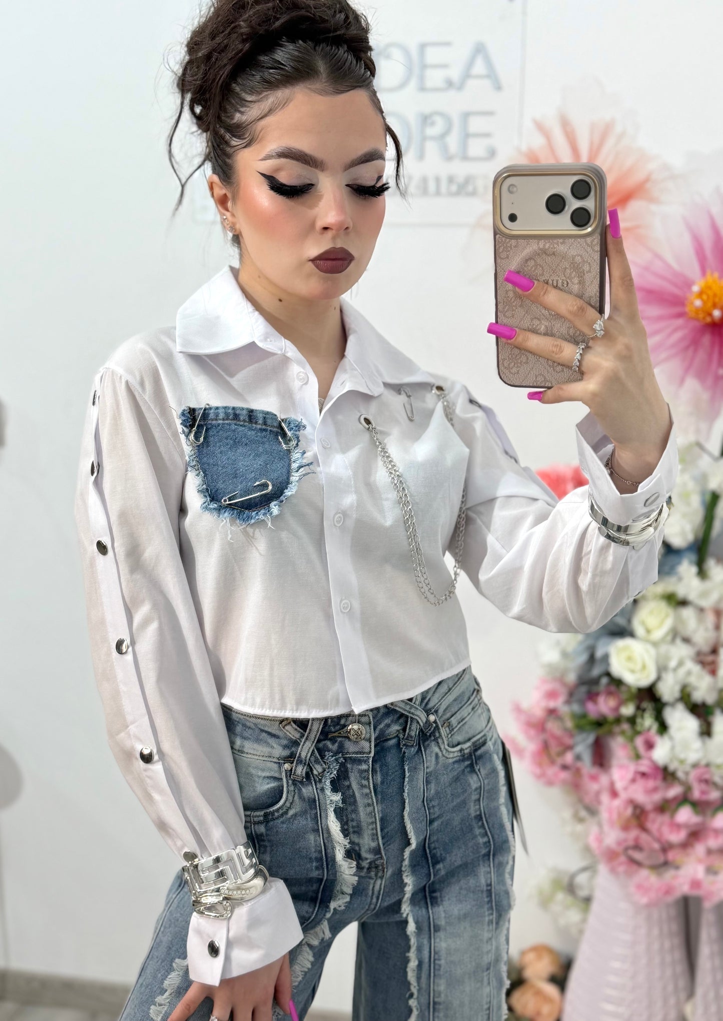 Cămașă crop cu denim și accesorii LORENA
