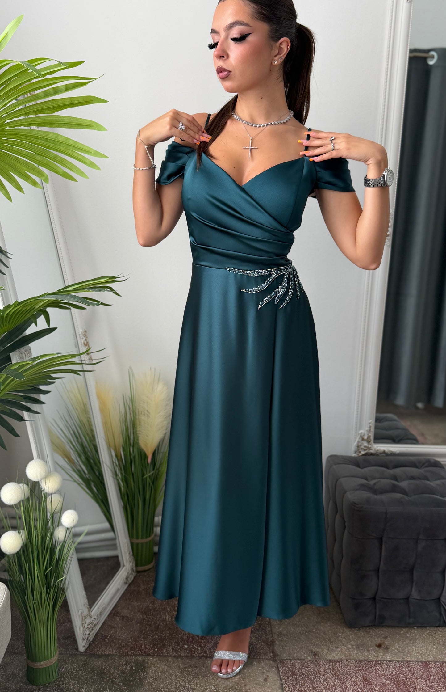 Rochie midi elegantă turcoaz KARINNA