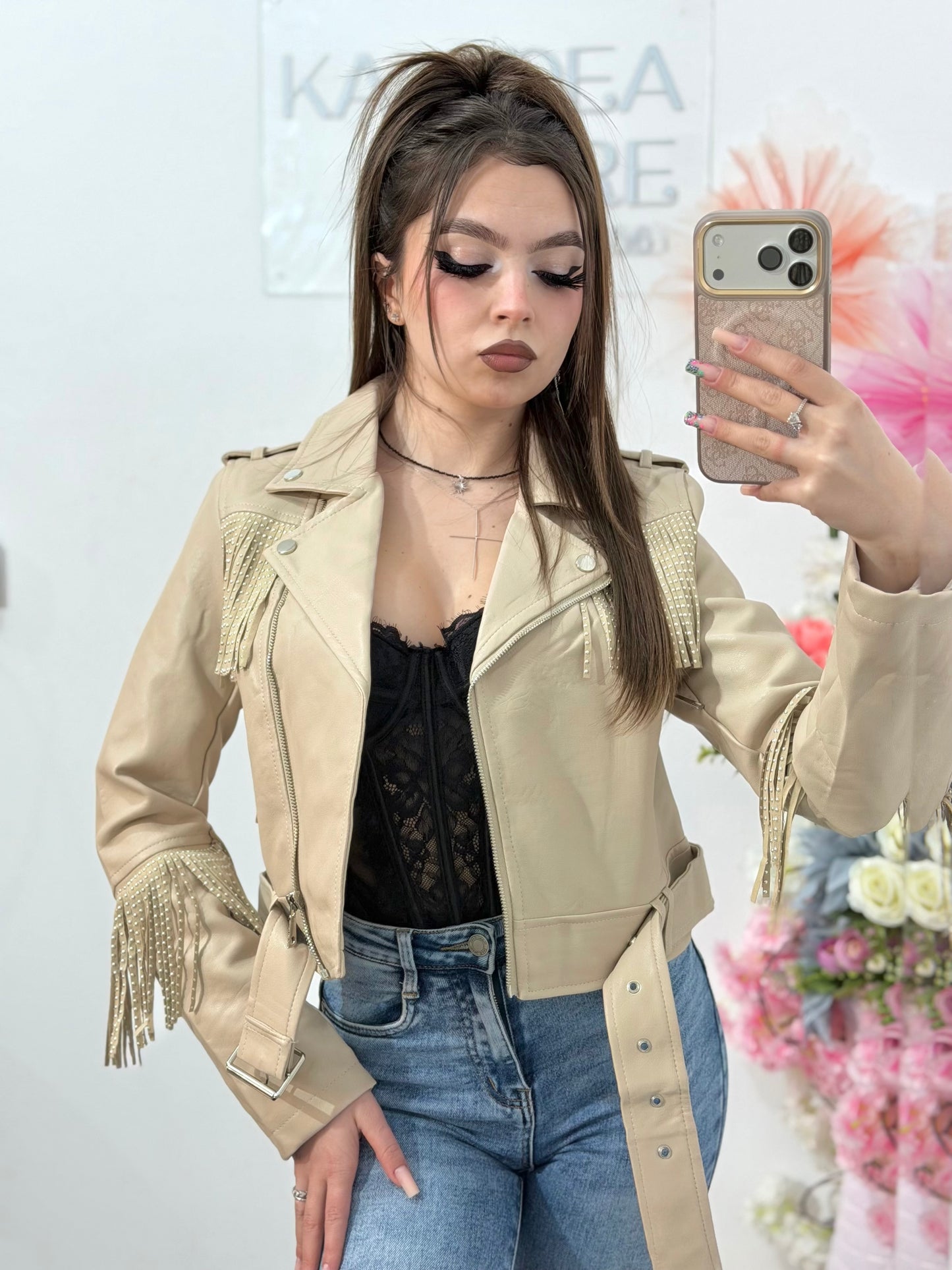 Geacă din imitație de piele cu franjuri bej MARA