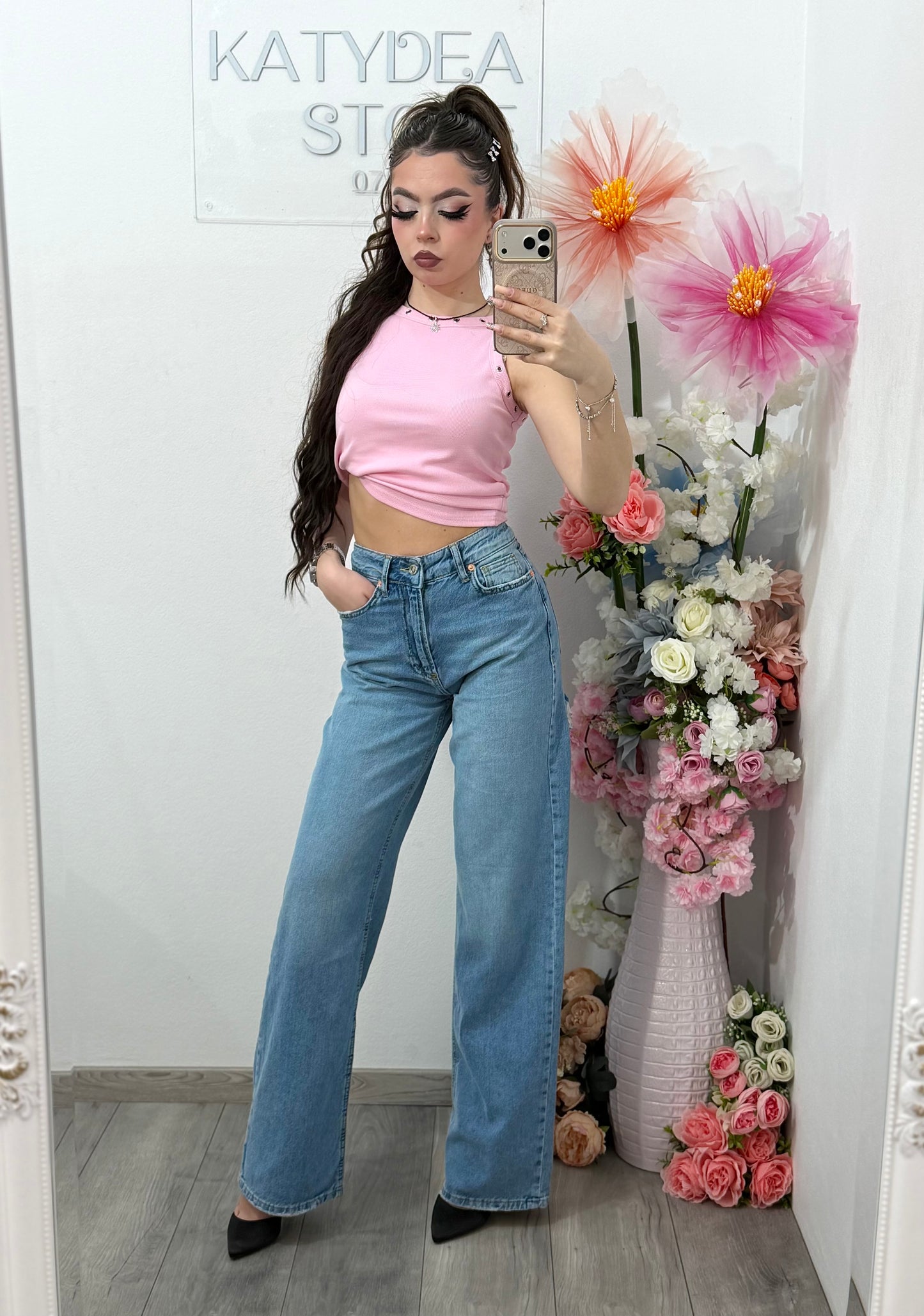 Jeans WideLeg cu buzunar cu piatra roz ștanțată ELIZA
