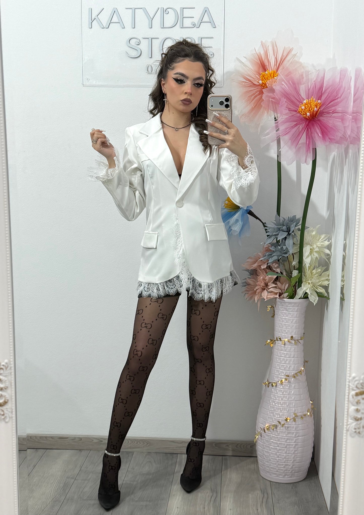 Sacou elegant cu dantelă alb HELENA