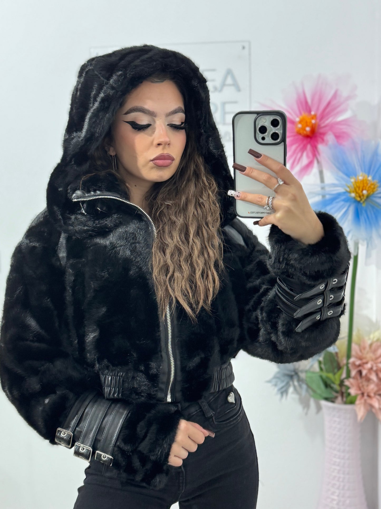 Geacă cu piele și blană neagră Andree