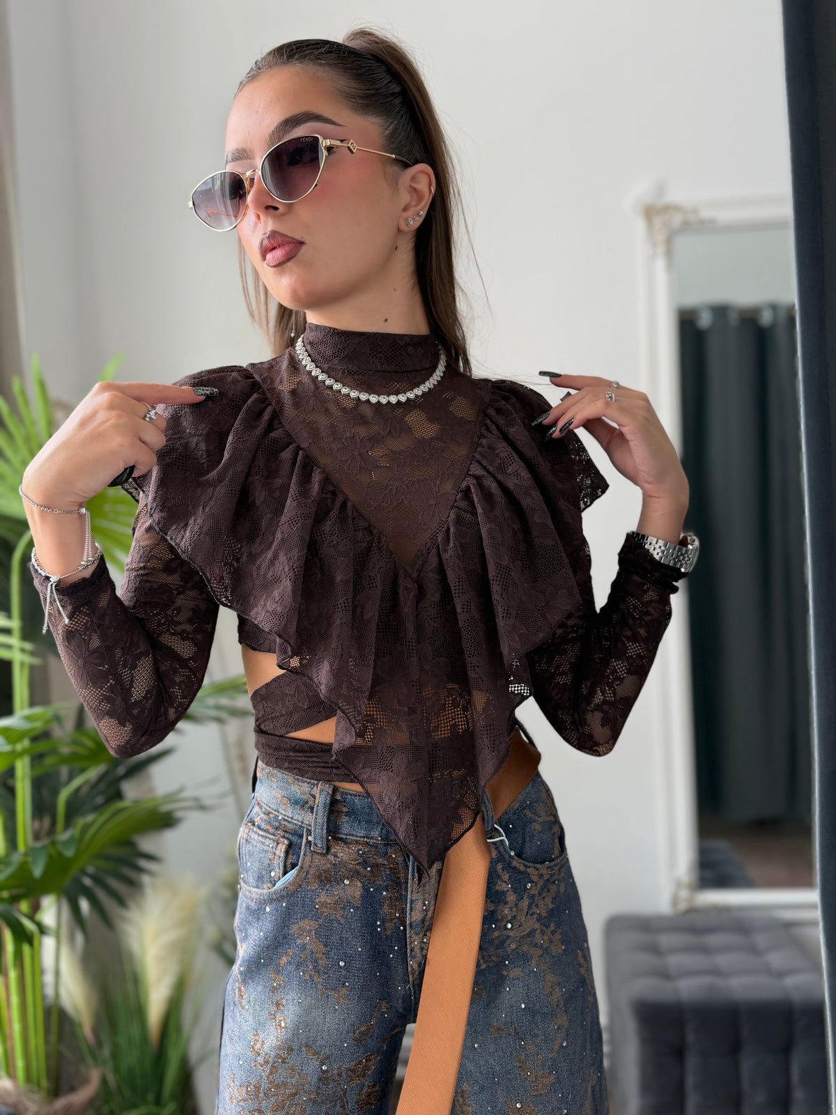 Top din dantelă maro VANESSA