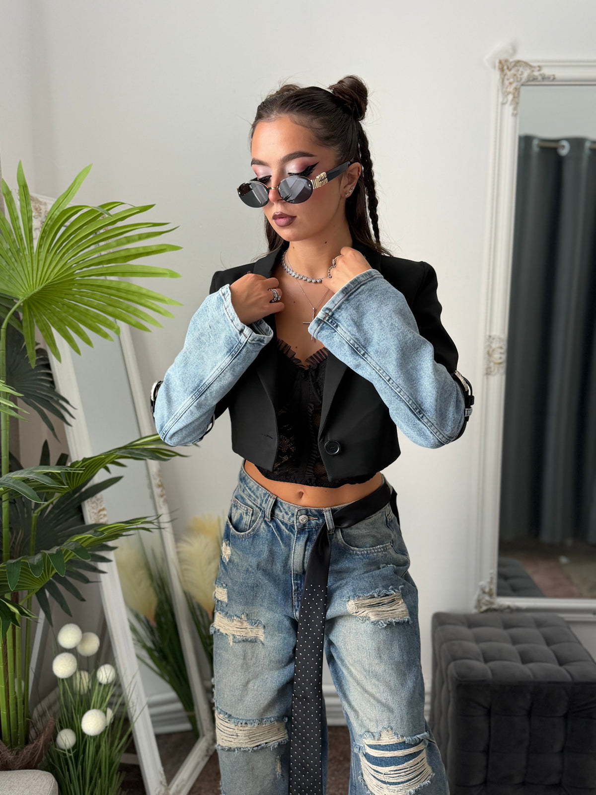 Sacou crop cu mânecă din denim
