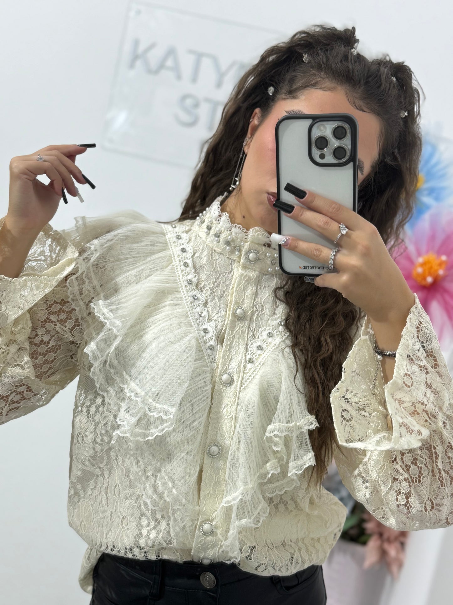 Cămașă cu dantelă și cristale Glam