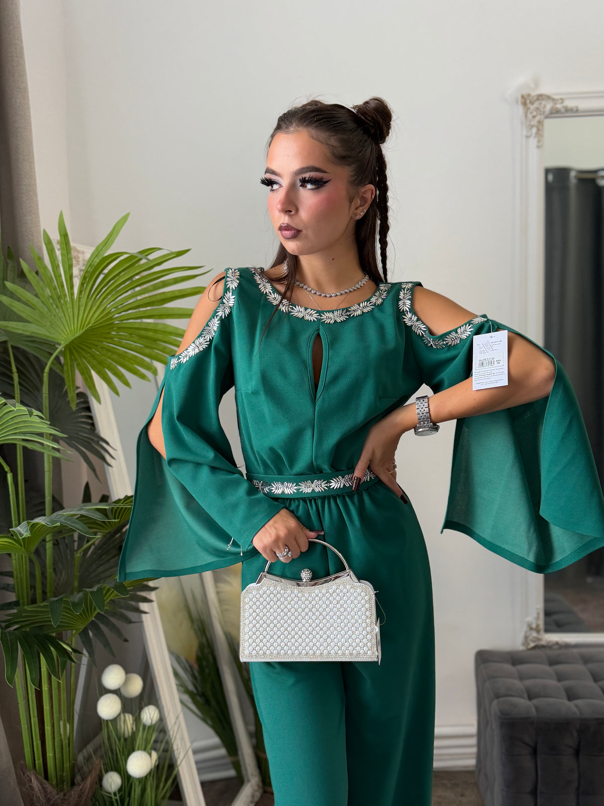 Salopetă elegantă verde cu detalii argintii ELSA