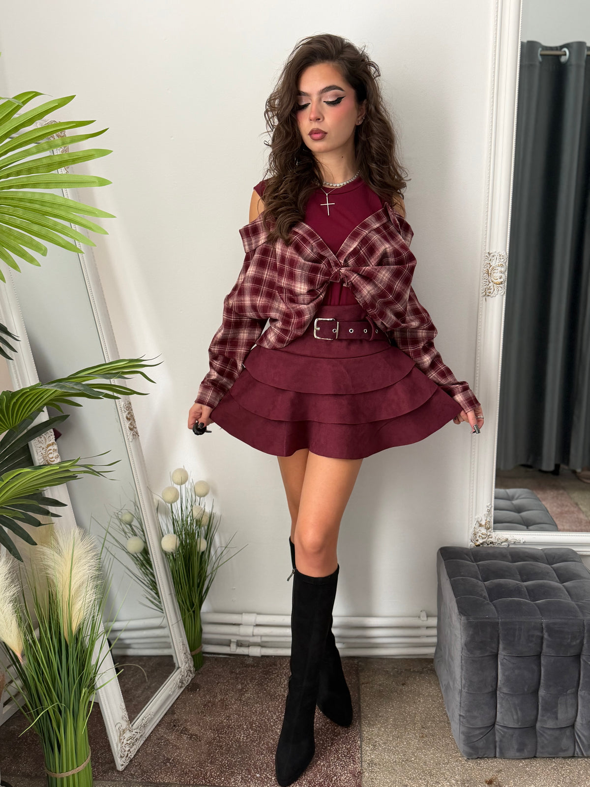 Fustă cu volanase burgundy