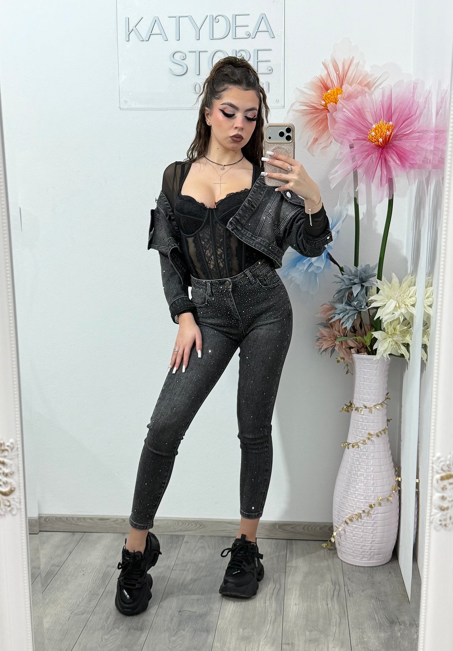 Jeans skinny gri cu cristale DANNA