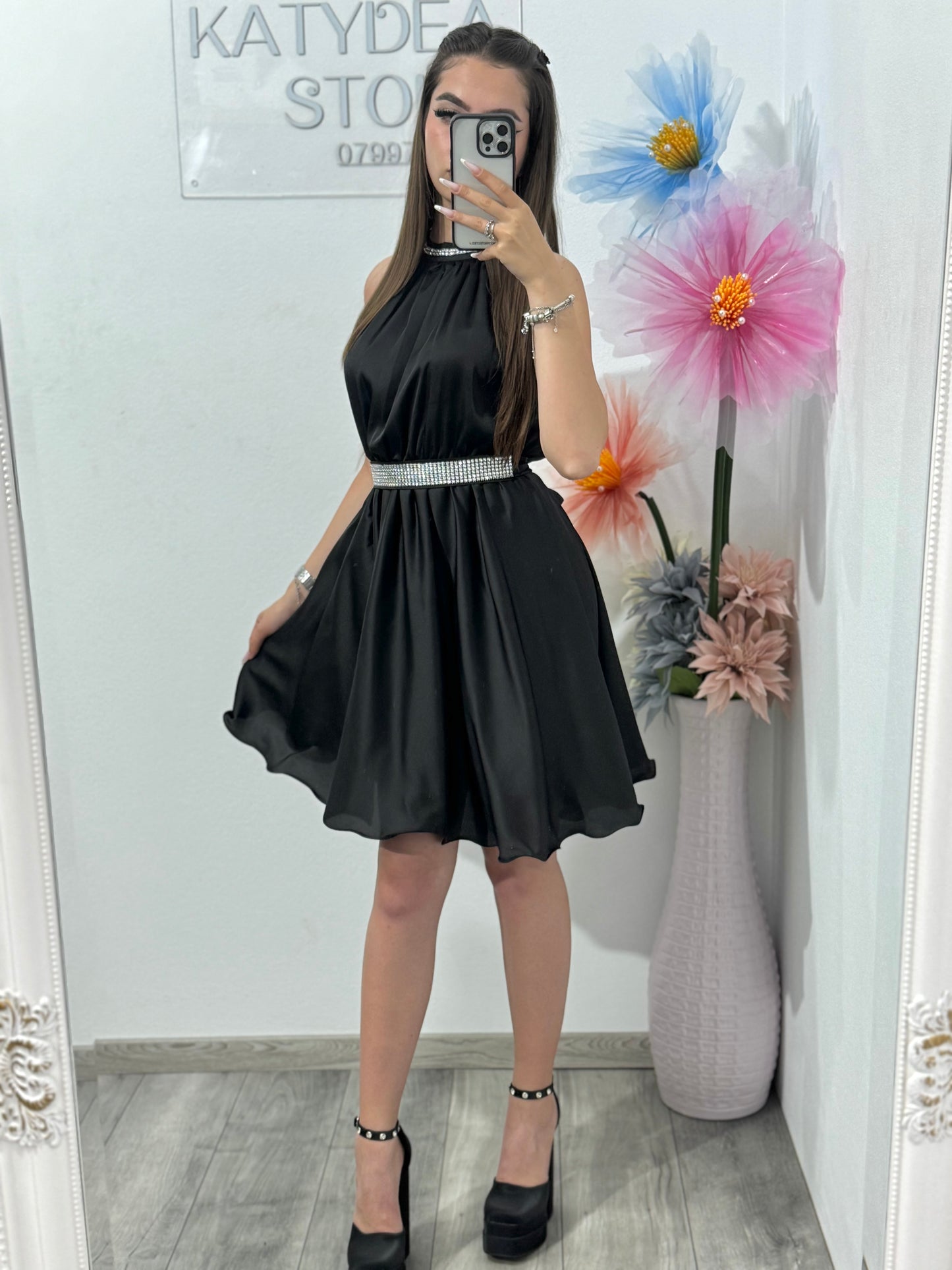 Rochie din satin neagră Anastasia