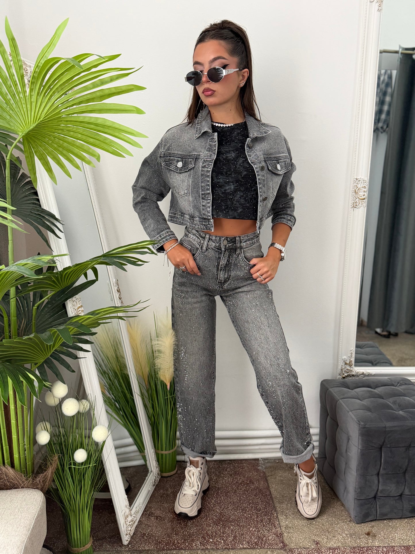 Jeans WideLeg gri cu cristale ștanțate CAMY
