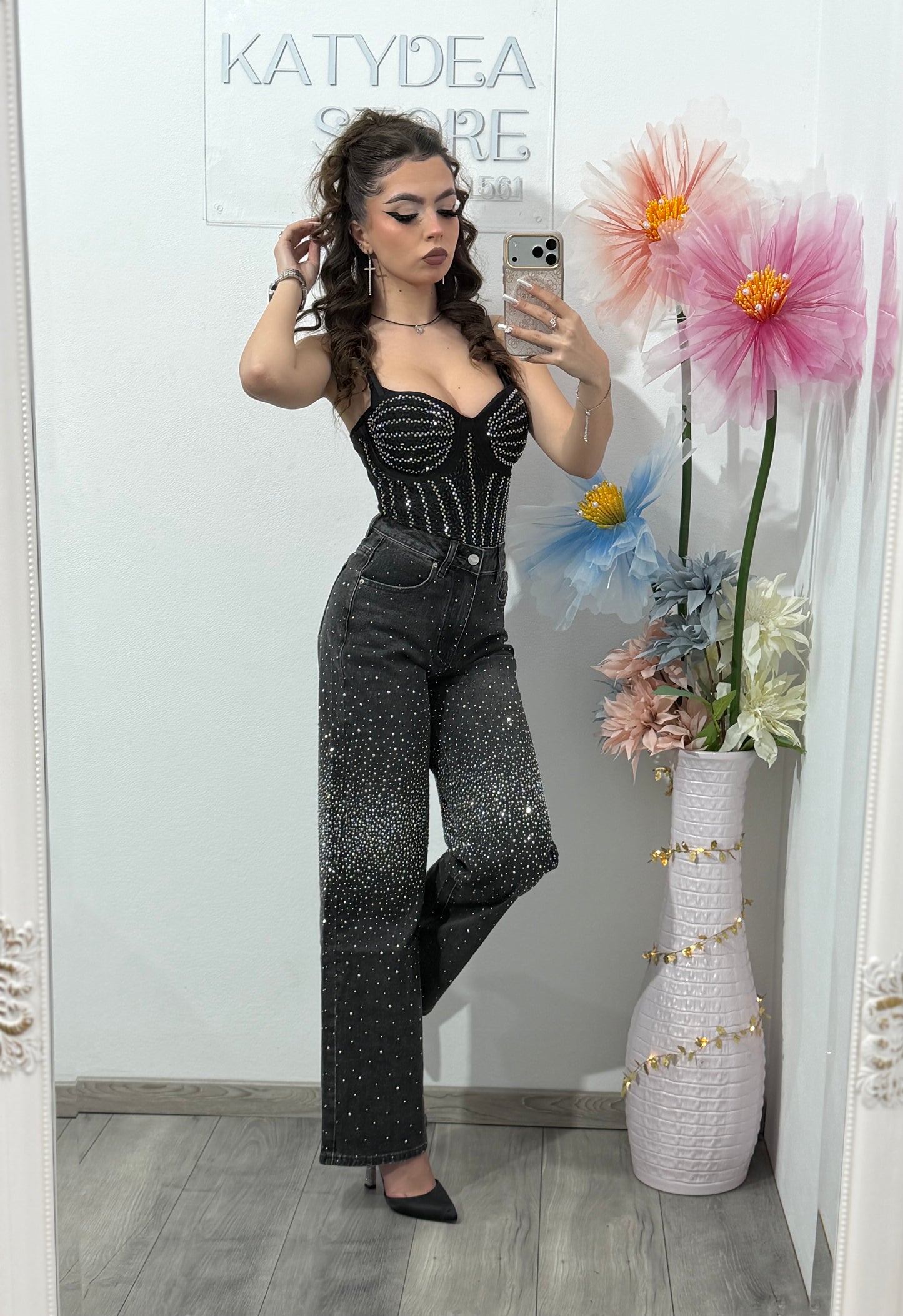 Jeans WideLeg gri cu cristale ștanțate MAYA