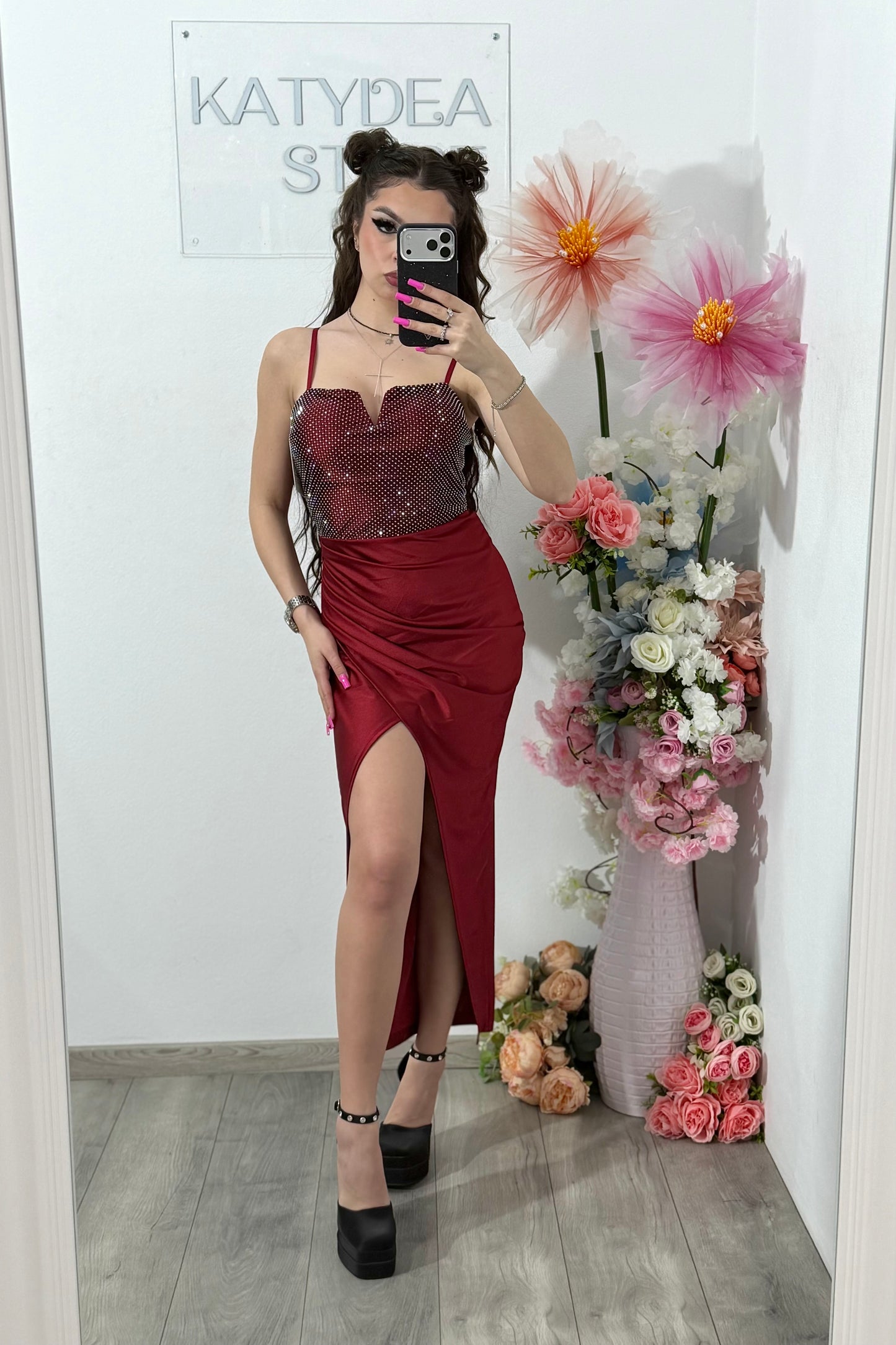 Rochie midi cu cristale grena DELIA