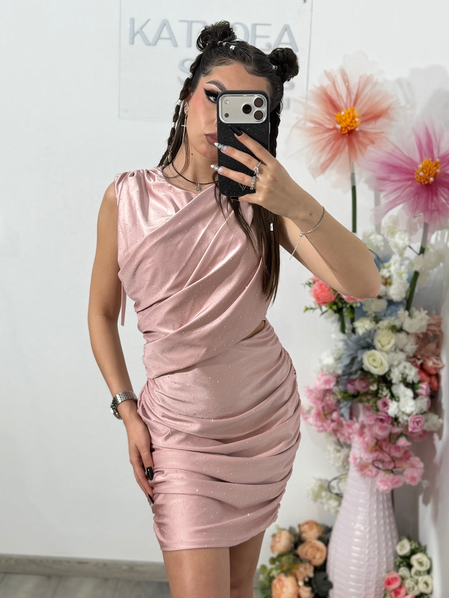 Rochie elegantă cu cristale ștanțate roz SELENA