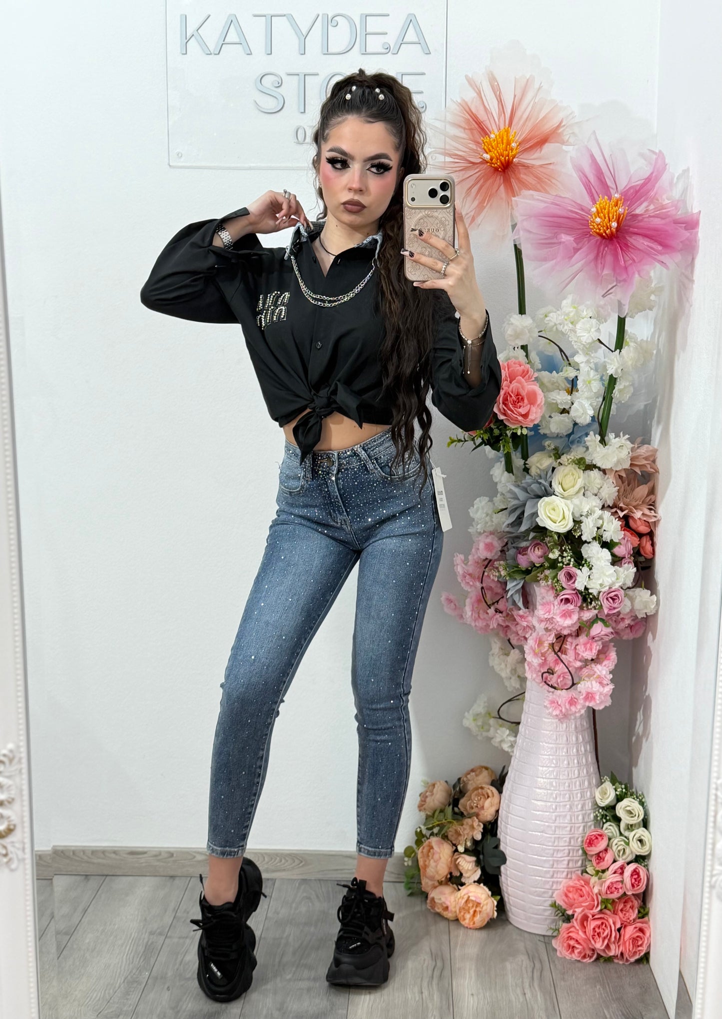 Jeans skinny  albastri cu cristale ROXANA