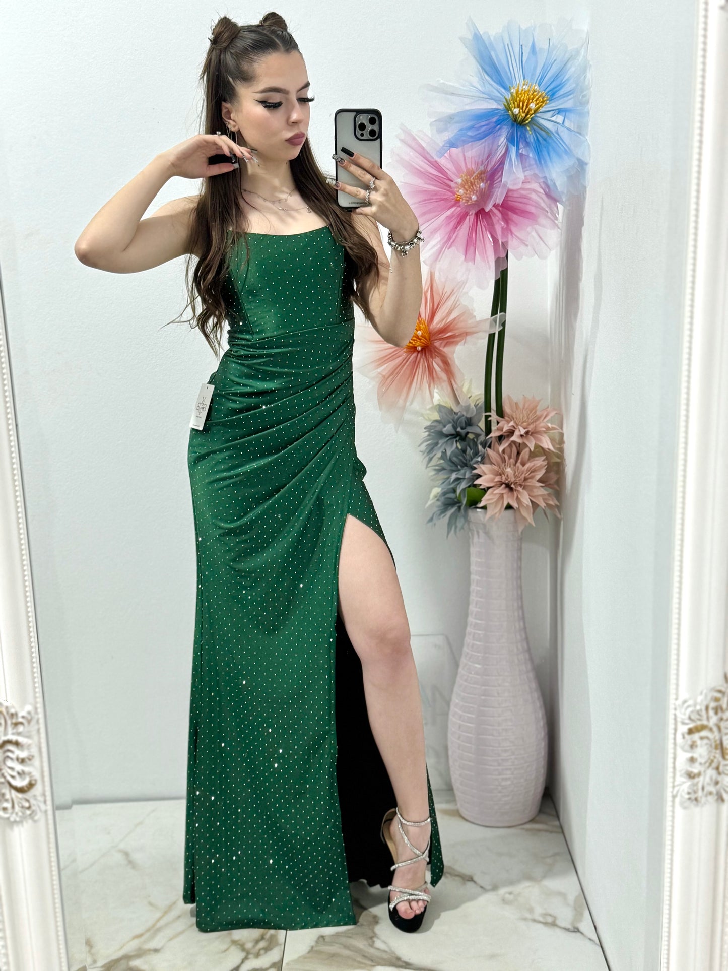 Rochie lungă cu corset pe spate verde Caroline