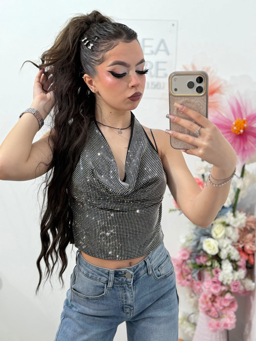 Top elegant full piatră negru  NASIA