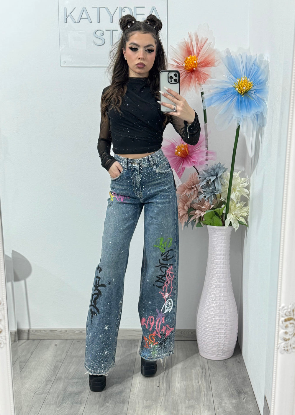 Jeans WideLeg cu cristale și grafitti ANDREE