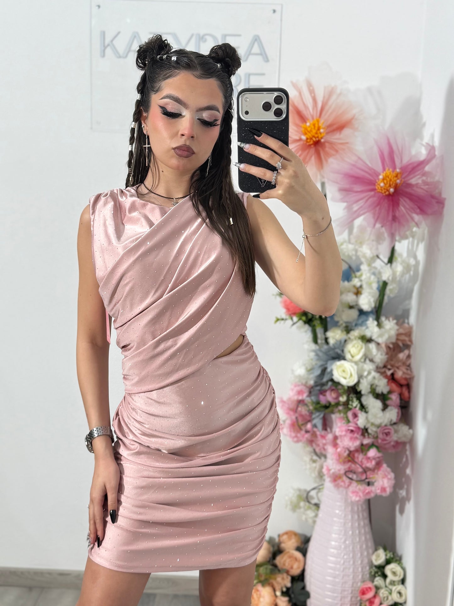 Rochie elegantă cu cristale ștanțate roz SELENA