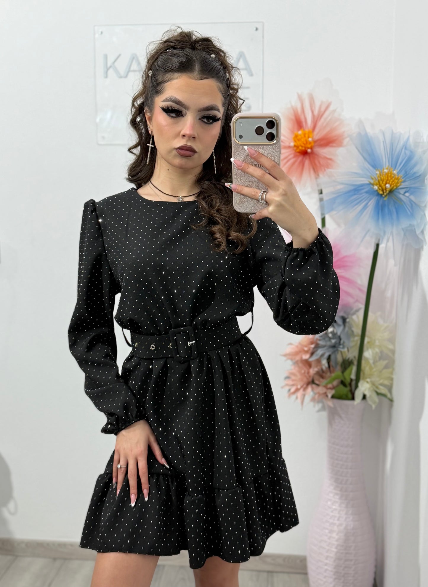 Rochie cu volanas și cristale ștanțate ELLE