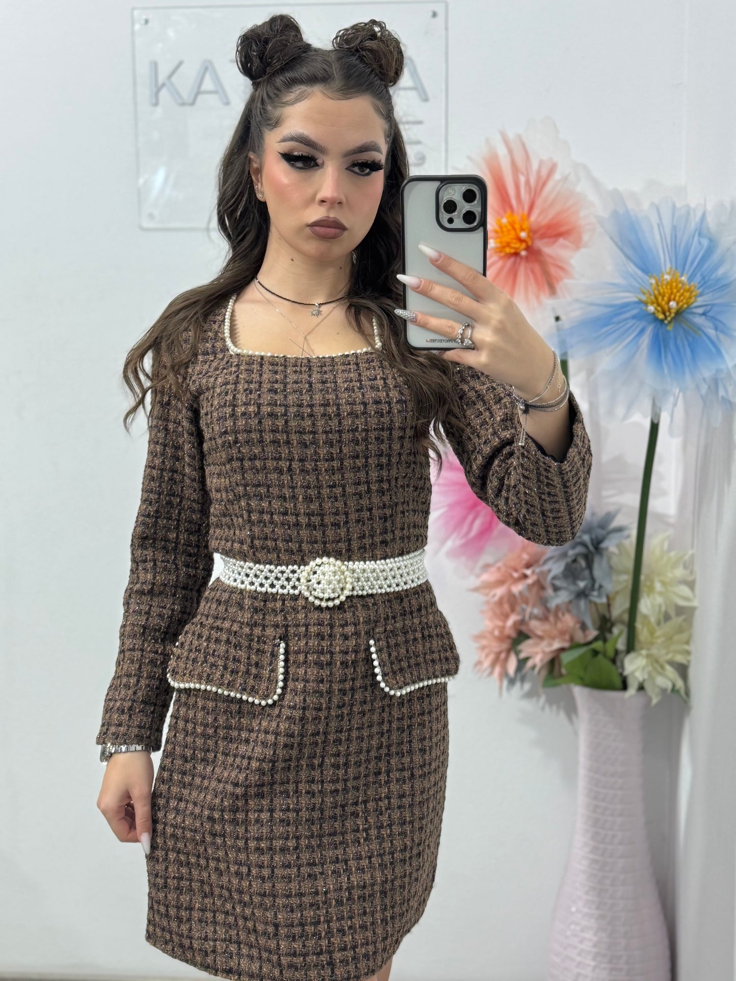 Rochie din tweed maro ELLA