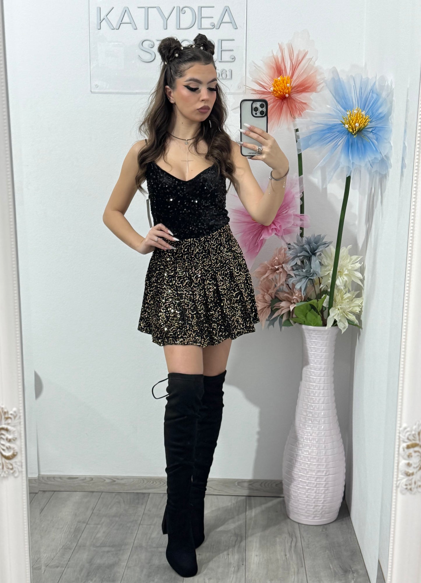 Fustă-pantalon plisată din paiete aurii DELIA