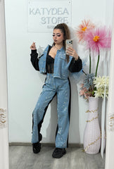 Compleu din denim cu strasuri – geacă & pantaloni ANDREEA