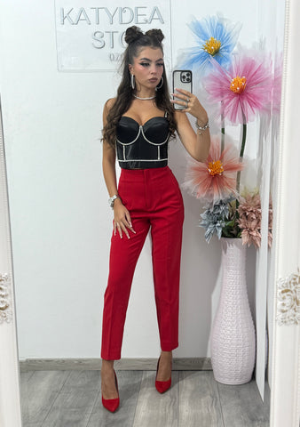 Pantalon rosii cu talie inalta Caroline