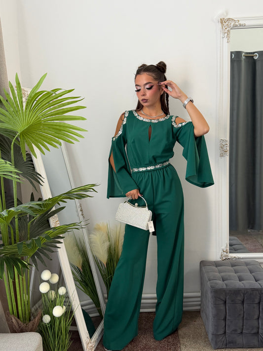 Salopetă elegantă verde cu detalii argintii ELSA